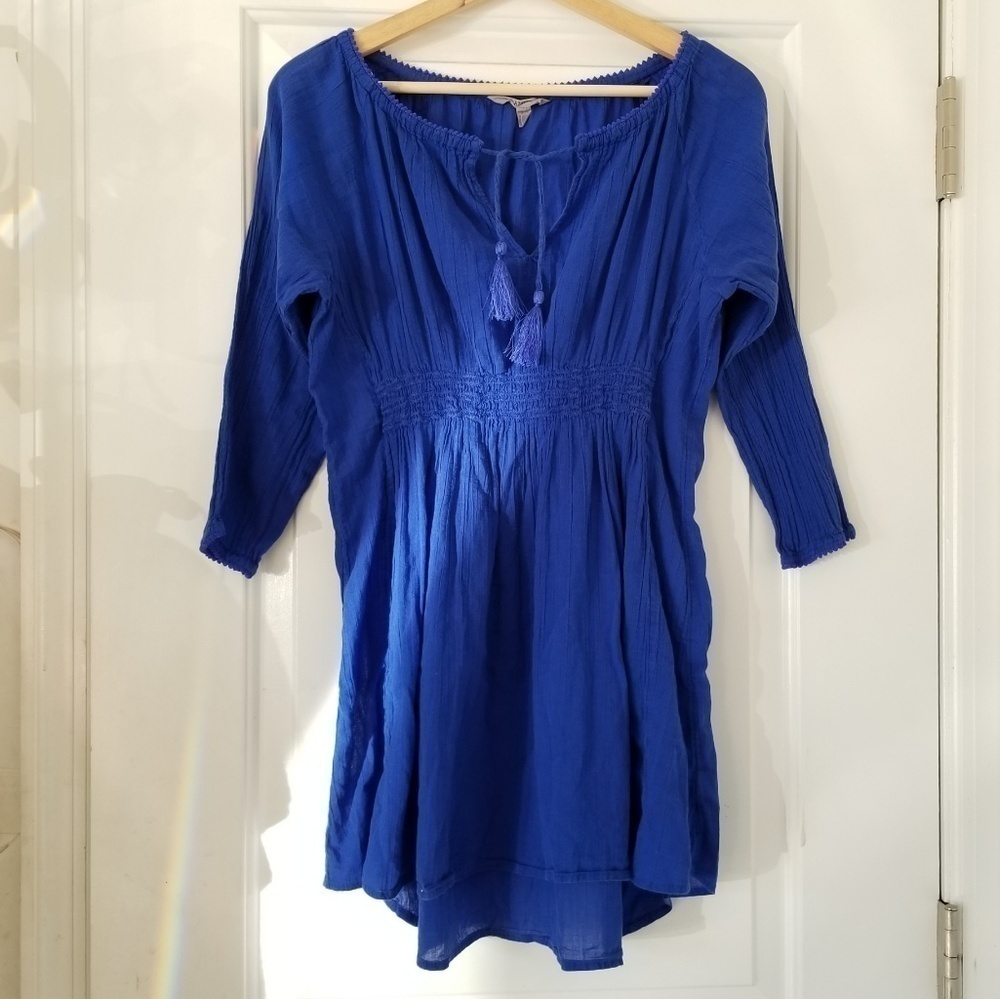 Athleta Calico Tunic Cerulean Tie Front Tassel Top Tunic Coverup Size Small